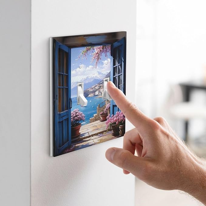 Decorative Art Light Switch Covers Seaside Window View 2 Gang Double Toggle Wall Plate Decorative Switchcover Electrical Switchplate for Home Decor