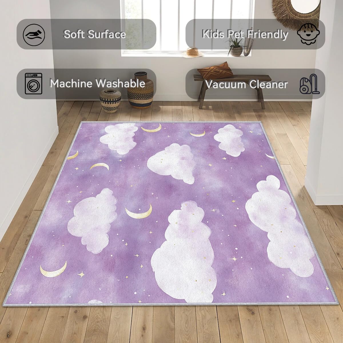 Vzdrahelia Purple Cloud Throw Rug 2x3,Moon Star Area Rug Washable,Kids Girls Rugs for Entryway, Bedroom,Cloud Pattern Indoor Door Mat Home Decor, Non Slip