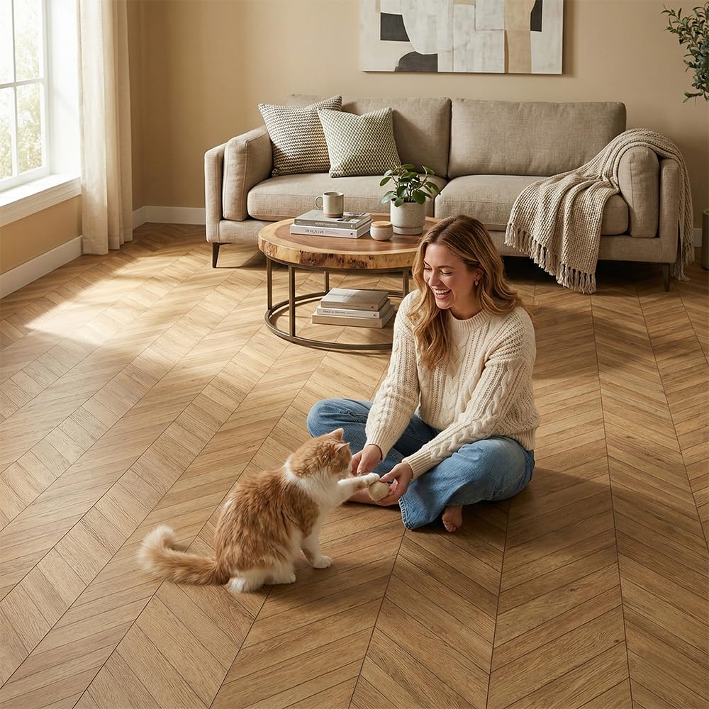 Wood Grain Peel and Stick Vinyl Flooring Roll - 15.7" X 236" Vinyl Flooring Roll,Textured with Waterproof, Slip-Resistant for Bedroom, Living Room