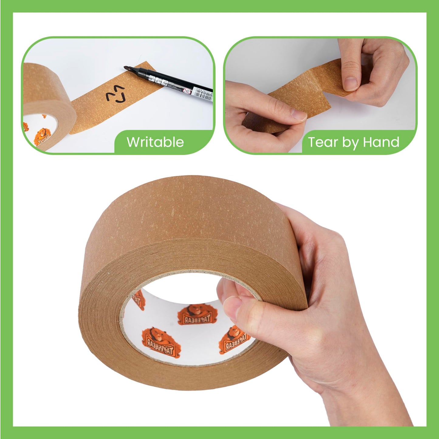 TAPEBEAR Eco-Friendly Kraft Paper Tape, Biodegradable Heavy Duty Packing Tape 2Inch x 55Yard, Recyclable Packaging Tape Self Adhesive Box Tape for Shipping, Sealing, Moving & Masking, 12Rolls