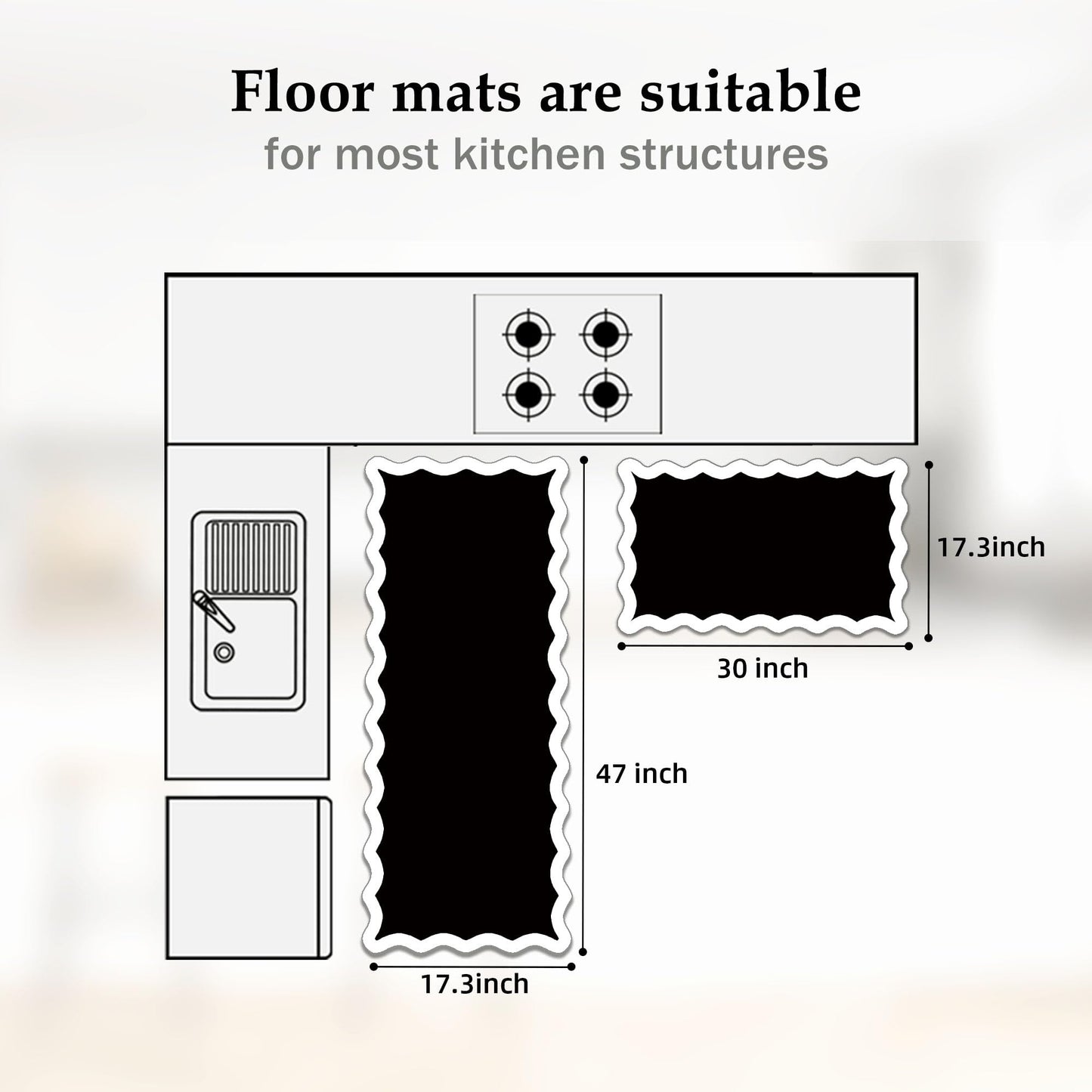 Arenarug Scalloped Black White Kitchen Mats Rugs Sets of 2 Cushioned Anti Fatigue Floor Mat Waterproof Kitchen Rugs Non Slip Foam Comfort Standing Mat for Sink Laundry