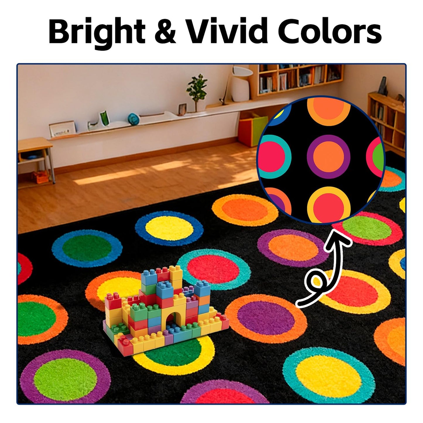 MAISONRINA Large Classroom Rugs Elementary 7'7''x13',Daycare Rug with Colorful Rings,Black Classroom Rug for Preschool & Kindergarten, Seating Spots Rugs for Kids Room & Playroom - Seats 24