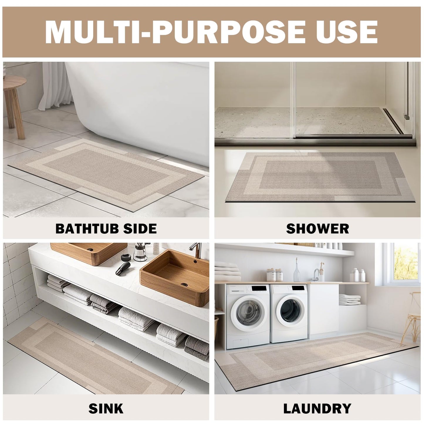 YDKGL Extra Long Non Slip Bathroom Runner Bath Mat, Rubber Backing Ultra Thin Bath Rug Fit Under Door Quick Dry Super Absorbent Washable Shower Mat for Bathroom Floor Bathtub Sink, Beige 24"x70"