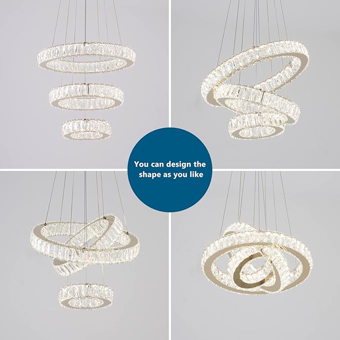 FRIXCHUR 3 Ring LED Chandelier Modern Crystal Chandeliers LED Pendant Lights Gold Ring Chandelier for Bedroom Dining Room High Ceiling Foyer (3000K Warm Light)