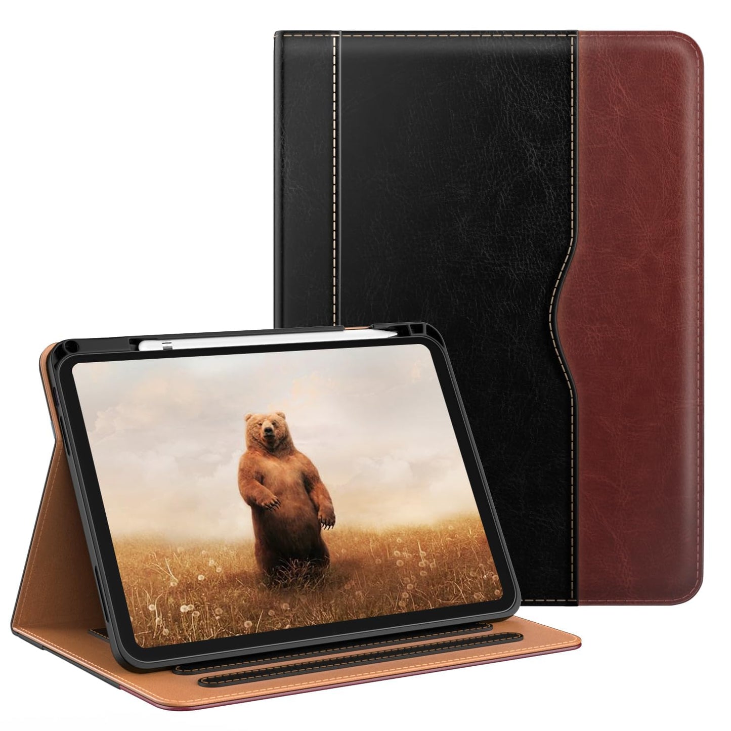 OKP Case for iPad A16 11th Generation 2025 / 10th Gen Case 2022, for 11 Inch / 10.9 Inch iPad Multi-Angle Viewing PU Leather Stand Cover with Pencil Holder & Pocket, Auto Sleep/Wake, Black Brown