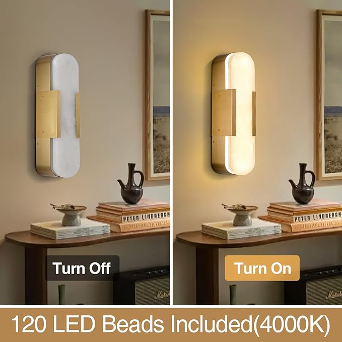 13.8 inch Alabaster Wall Sconces Set of Two, Natural Marble Wall Lighting, Brass Bedside Wall Lamp, Indoor Vanity Light Fixtures for Hallway,Bathroom Living Room (Including LED)