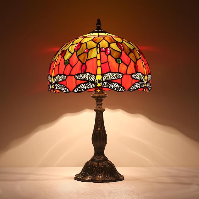 Tiffany Table Lamp Stained Glass Bedside Table Lamp Desk Reading Light 12 Inches Bedroom Living Room Home Office Decor Lamp(Yellow Dragonfly)