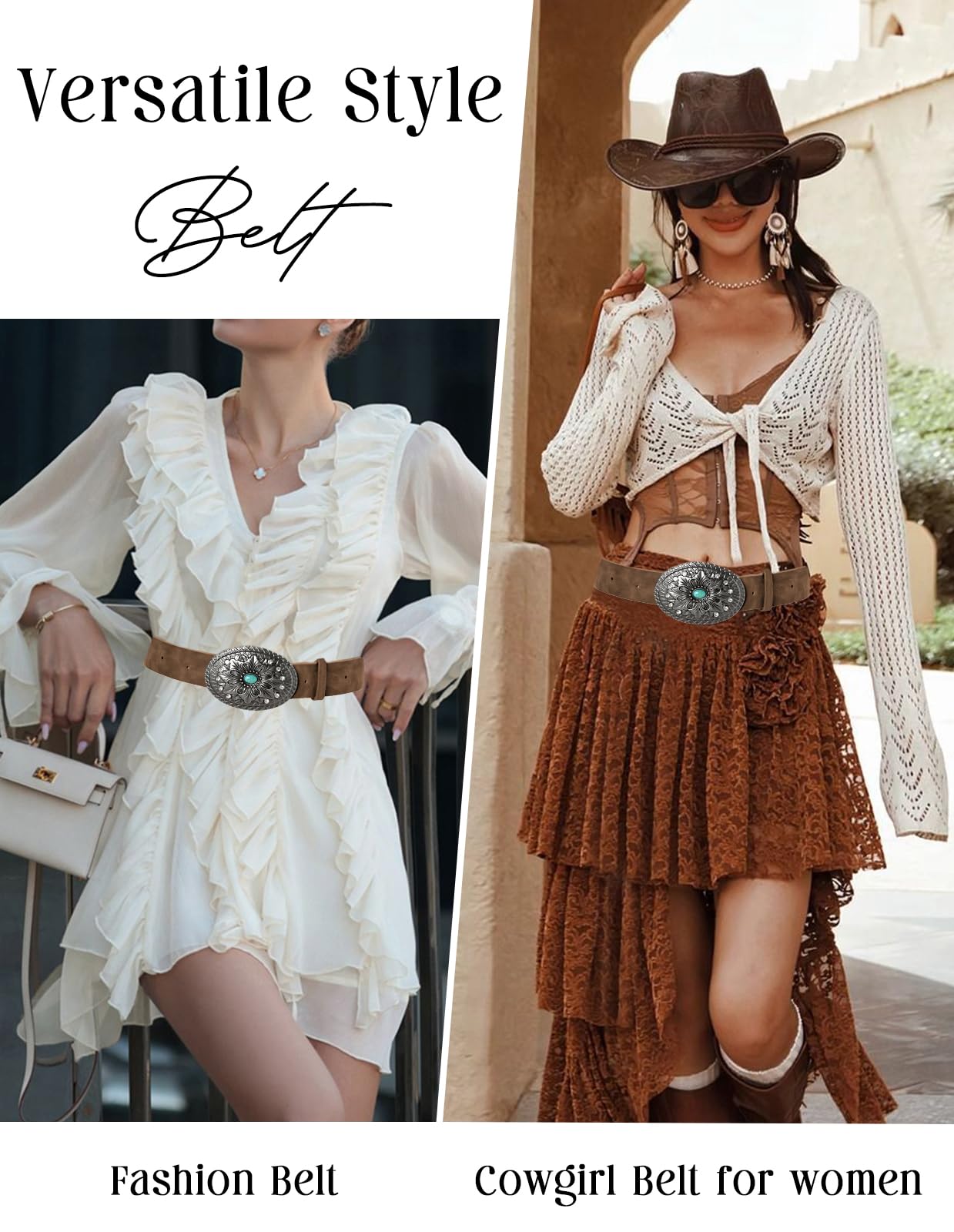 Scarlet Darkness Western Belt for Women Leather Cowgirl Belt with Turquoise Buckle Country Belts for Jeans Dresses
