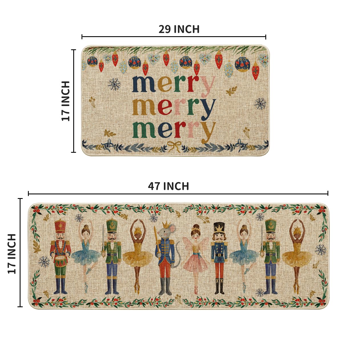 Artoid Mode Watercolor Nutcrackers Merry Christmas Decorative Kitchen Mats Set of 2, Home Party Low-Profile Kitchen Rugs - 17x29 and 17x47 Inch