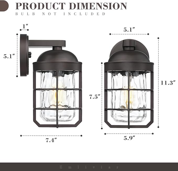 Emliviar Retro Wall Lamp Wall Mounted for House, Medium 1-Light Exterior Wall Lighting with Metal Cage, Oil Rubbed Bronze with Water Ripple Glass Shade, GE255BL ORB-WG