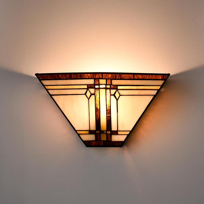 Tiffany Style Wall Sconce Lamp 12-Inch Stained Glass Sconces Wall Lighting Vintage Brown Stained Glass Wall Light Fixtures for Hallway Corridor Bedroom Living Room
