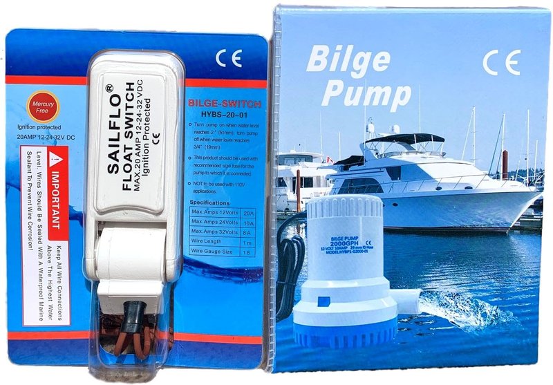 SAILFLO 2000GPH 12V Bilge Pump with Separate Float Switch – Submersible Marine Boat Electric Water Pump, 1-1/8” Hose Outlet, Anti-Airlock Protection, Heavy-Duty Motor, 8.5A 12 Volt Low Draw