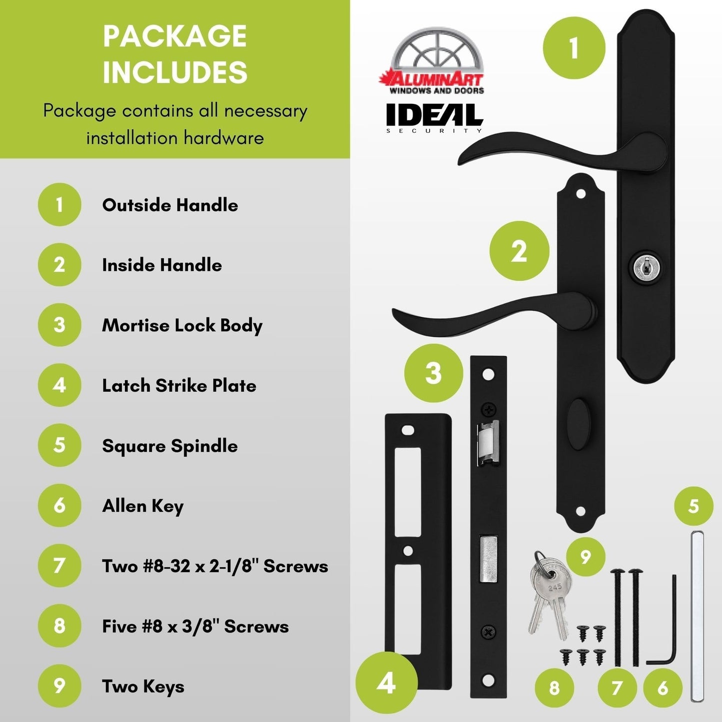 Ideal Security MCMB Curved Mortise Lock Set, Exclusive Replacement for AluminArt Storm Doors and Screen Doors, Adjustable 3/4" Backset, Matte Black