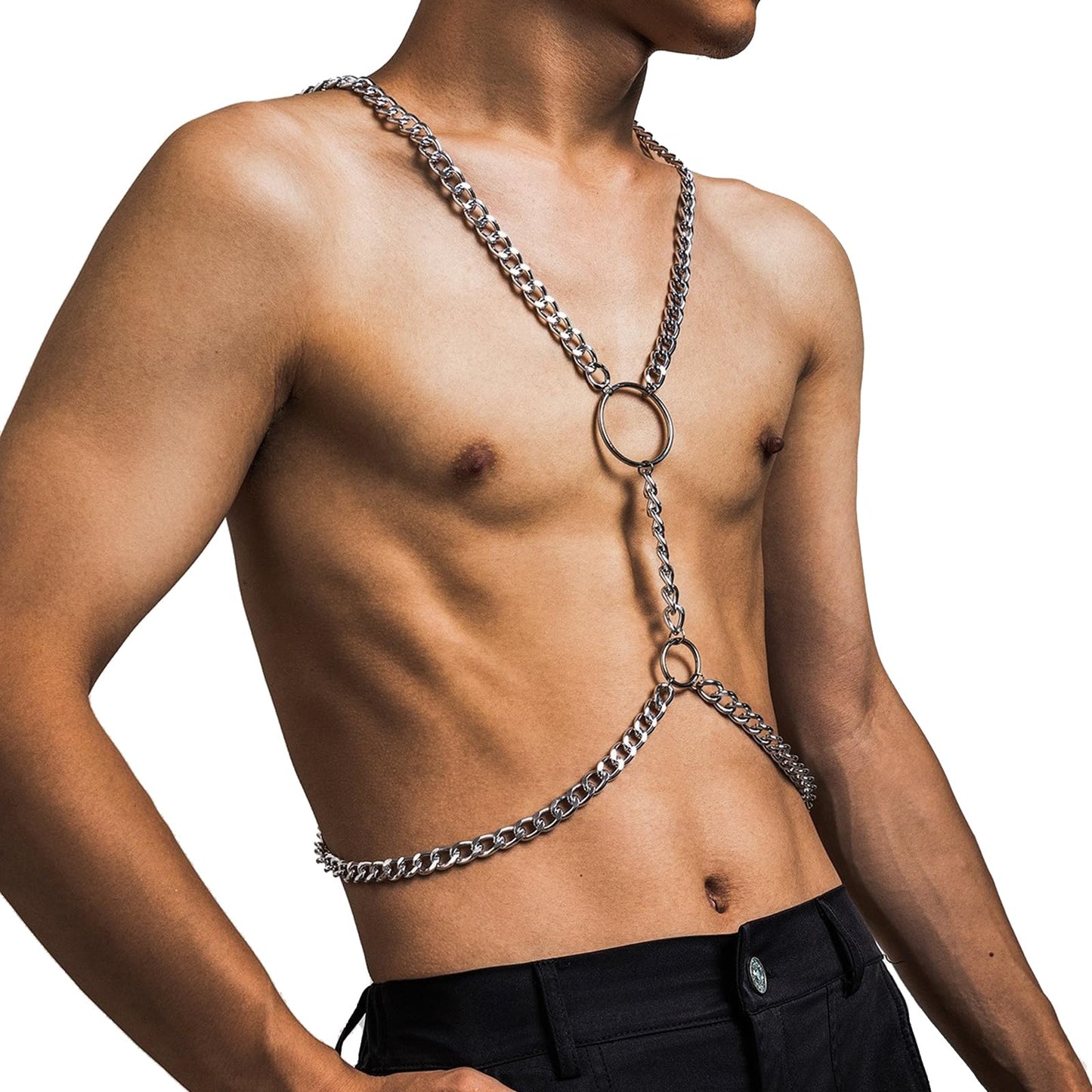 Punk Metal Link Chain Bra Body Jewelry Sexy Long Crossover Harness Circle Body Chain Festival Bikini Waist Chain Body Jewelry for Men Women (Silver)