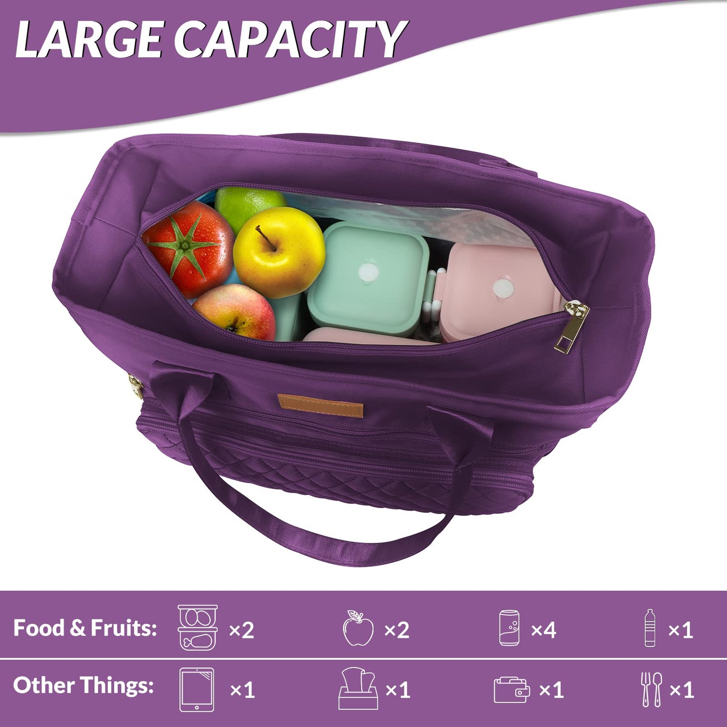 Large Women Lunch tote Bags for Work Insulated/Insulated Adult Lunch Box for Women/Nylon Thermal cooler Bag Leakproof Cooler Tote Bag with Storage Pocket (lumina purple)