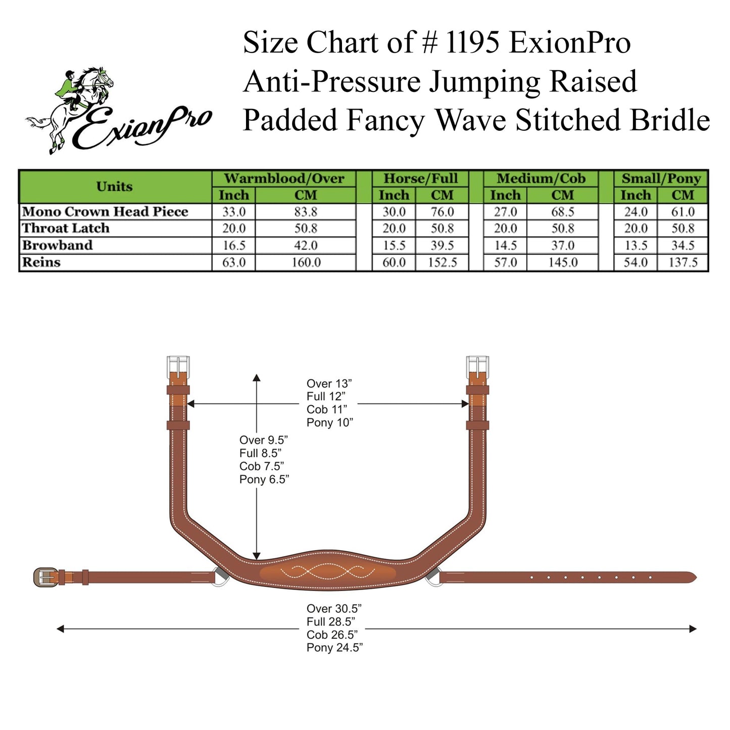 ExionPro Exion Anti-Pressure Anatomic English Jumping Leather Horse Padded Bridle with Reins- Havana Brown, Cob Size