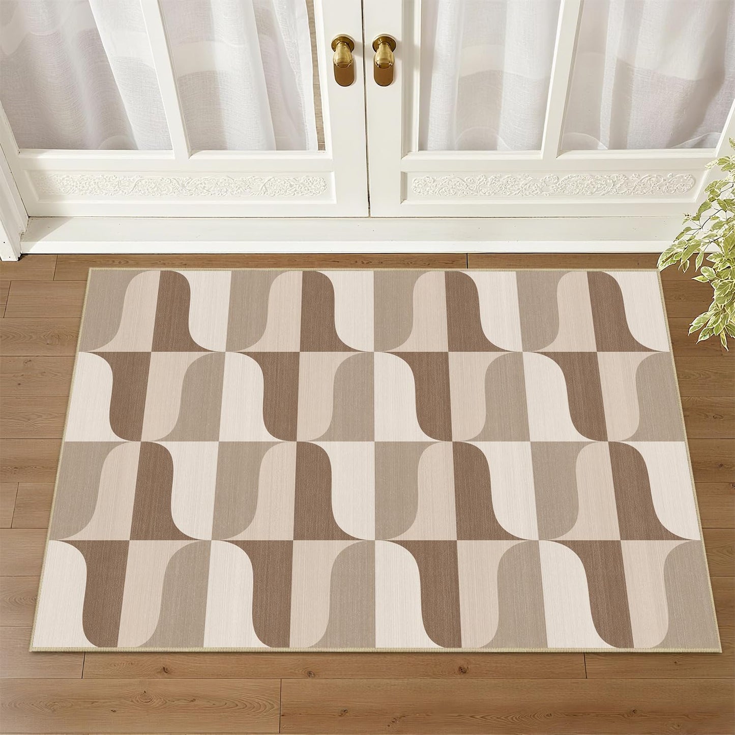 Modern Geometric 2x3 Rug for Entryway Neutral Beige Brown Abstract Mid Century Modern Area Rug Machine Washable Door Mat Small Rugs Non-Slip Printed Low-Pile Floor Carpet for Bathroom Kitchen Laundry