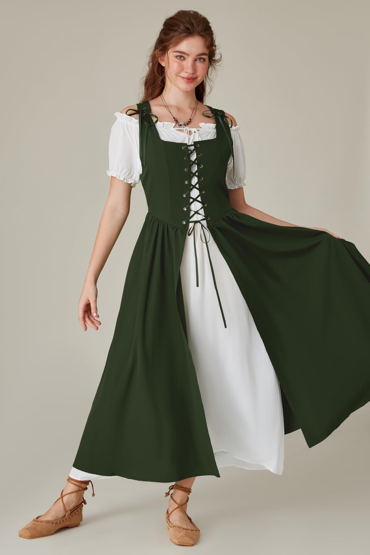 Scarlet Darkness Renaissance Costume Women Peasant Medieval Dress Short Sleeve Maxi Fairy Dresses with Pockets Olive Green L