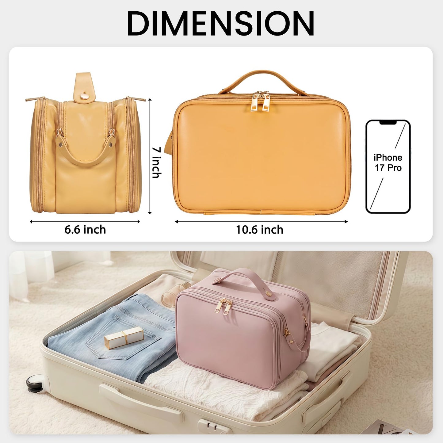 Travel Makeup Bag Women's Large Capacity Cosmetic Portable Organizer Large Opening Waterproof Storage Toiletry Bags Vertical Free-Standing Brush Holder for Easy Access Orange