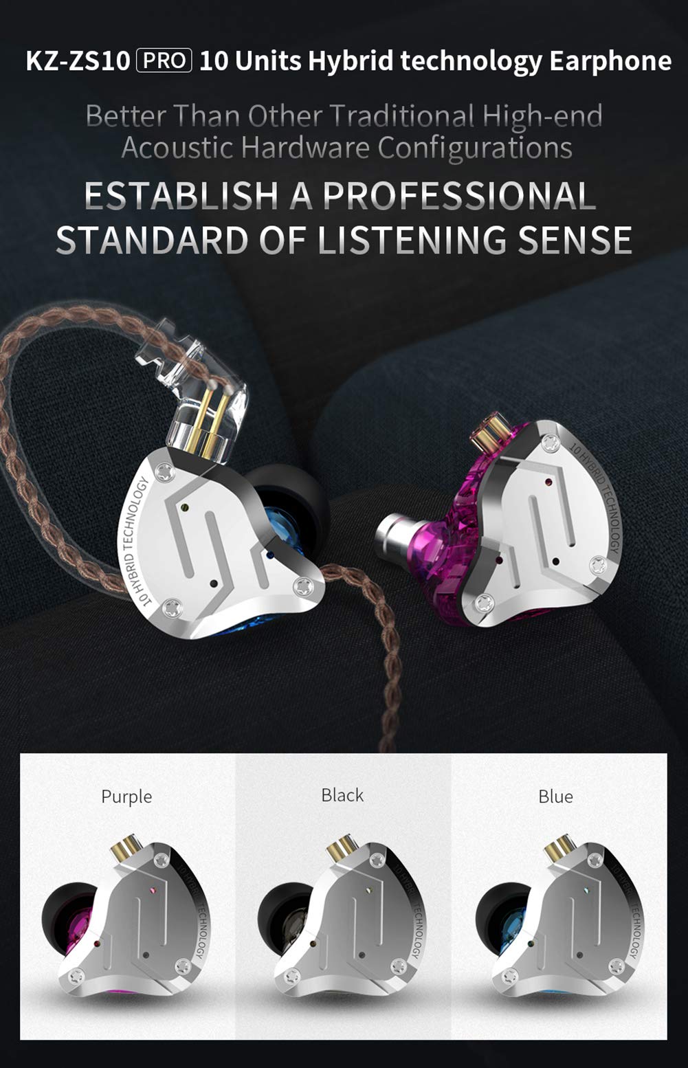 Five Driver Headphones,KZ ZS10 PRO High Fidelity Noise-Isolating Earbuds/Earphones with Detachable Cable 2Pin 0.75mm (with MIC, Purple)