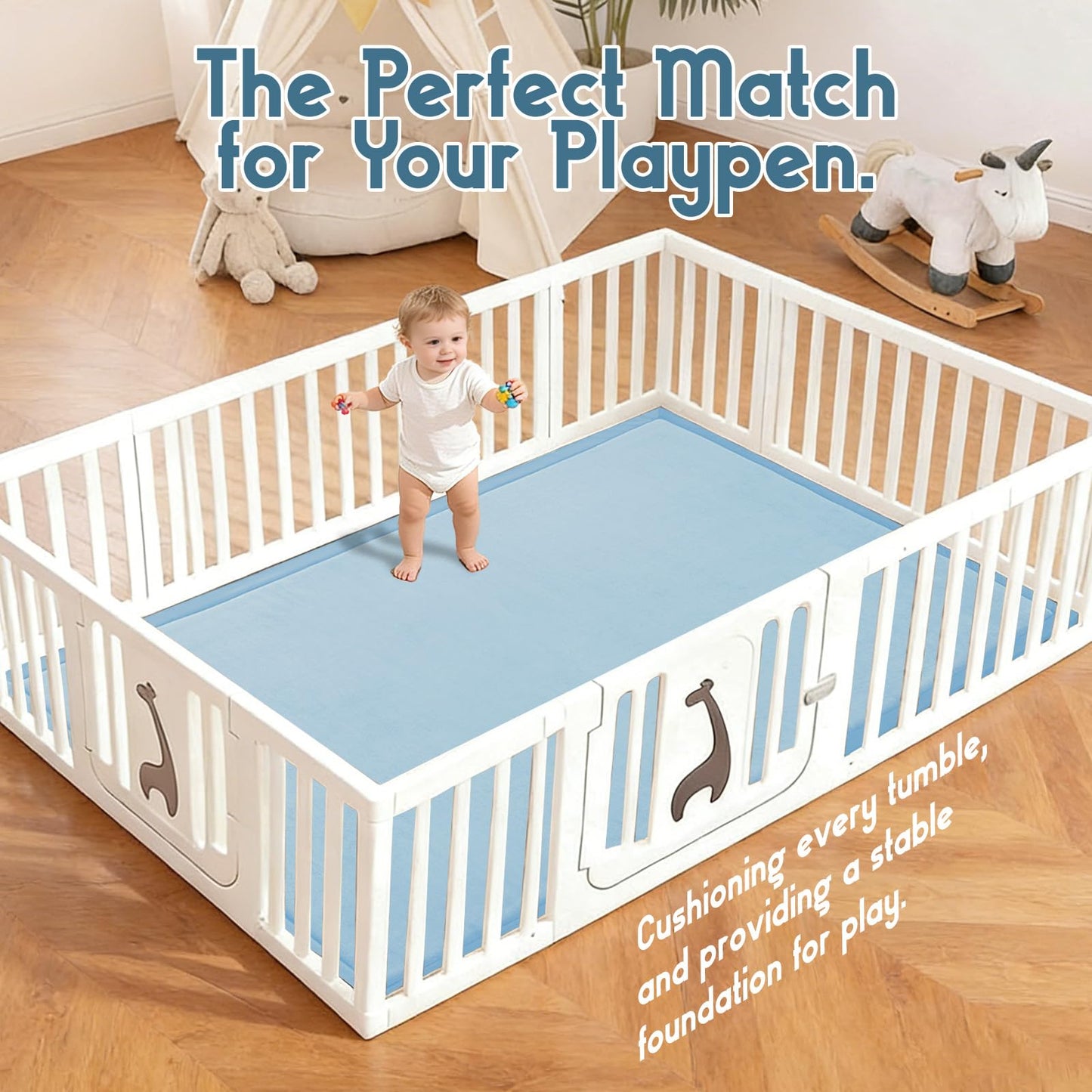 TreeBud Baby Play Mat for Floor, 1.3 Inch Thick Memory Foam Tummy Time Mat with Non Slip Backing, Soft Coral Velvet 59X71 Inch Playpen Mat Crawling Tatami for Infants Toddlers Kids, Midnight Blue
