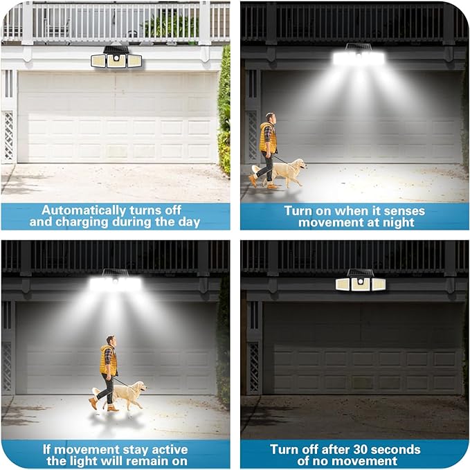 AmeriTop Solar Lights Outdoor, 2 Pack 233 LED High Brightness Cordless Solar Motion Sensor Lights; 3 Adjustable Heads, 270ยฐ Wide Angle Illumination, IP65 Waterproof, Security LED Flood Light(Daylight)