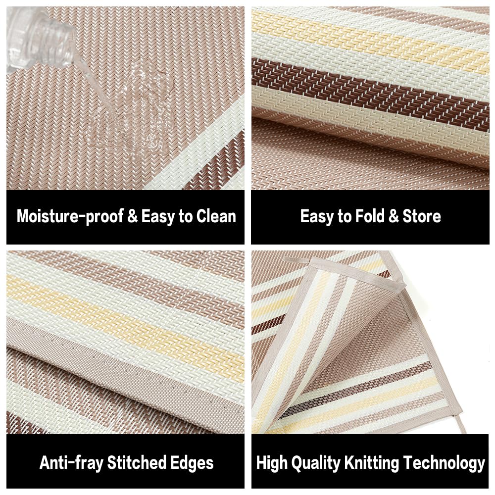 PureCozy Outdoor Waterproof 5x8 Rug for Patio Reversible Plastic Straw Beige Striped Camping Mat Outside Lightweight Large Floor Mat for RV Deck Beach Balcony Picnic Backyard Entry Porch