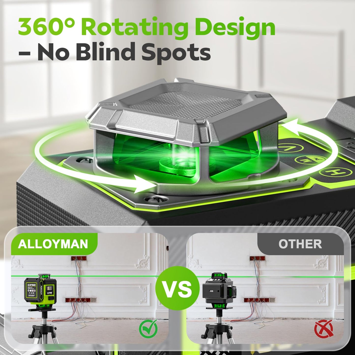 Alloyman Laser Level with Tripod, 4 × 360° Self Leveling Laser Level, Nivel Laser Green Line Lazer Leveler Tool for Picture Hanging, Home Renovation, Indoor Project, 2*Battery&Carrying Bag Included