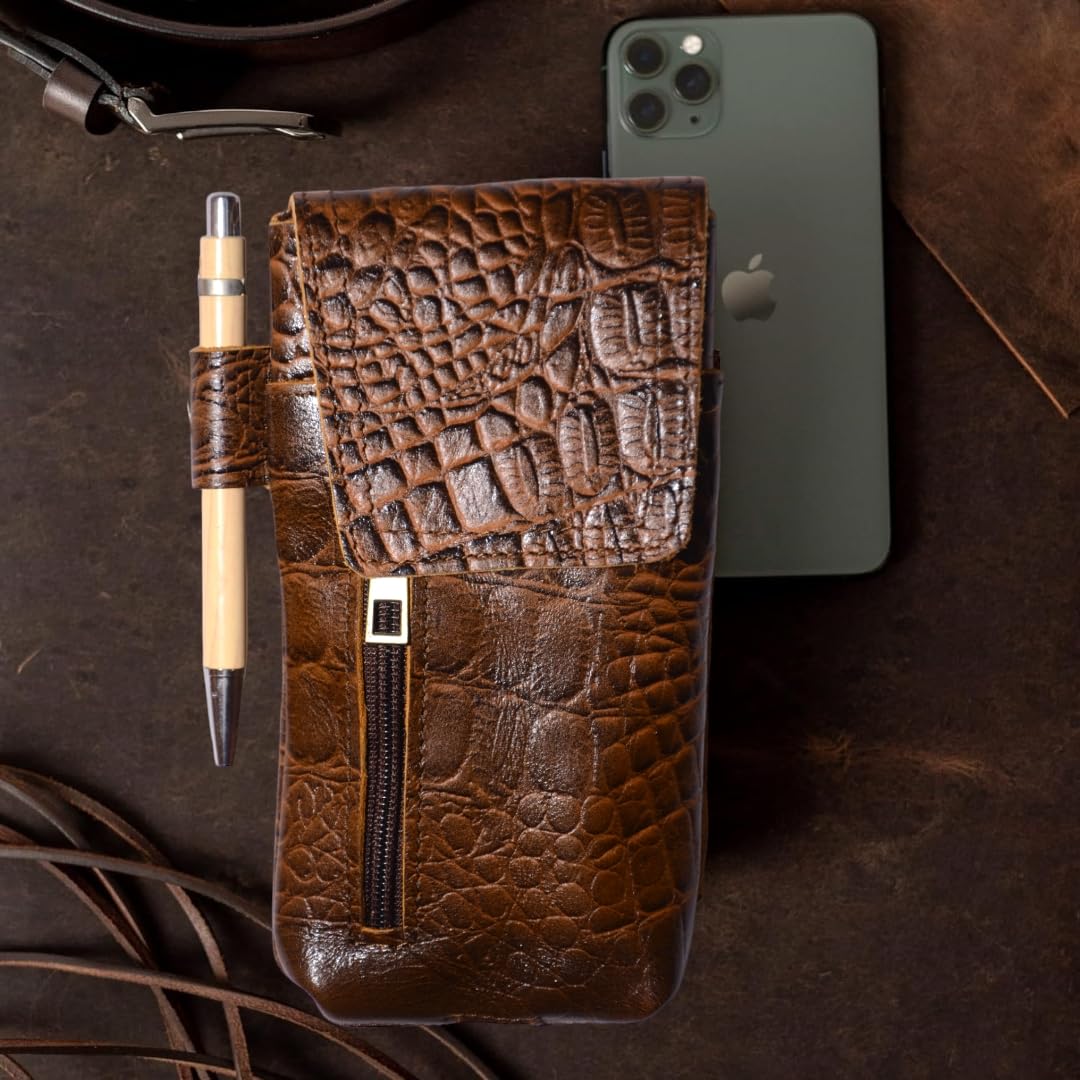 Genuine Full-Grain Buffalo Leather Cell Phone Holsters – 7” H x 3.5" W Leather Cell Phone Holster Large Smartphones – Secure & Durable Phone Belt Holder (Crocodile Print) (Croco Tan)