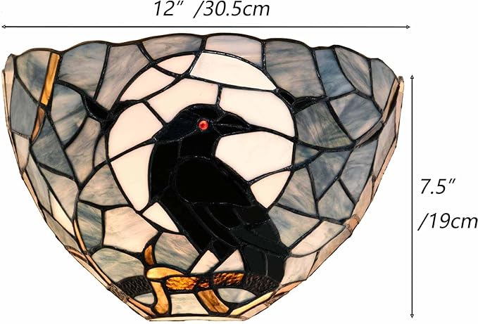 Bieye L10958 Raven Sitting on Tree Branch Against Full Moon Tiffany Style Stained Glass Wall Sconces Light Fixture for Home Decor