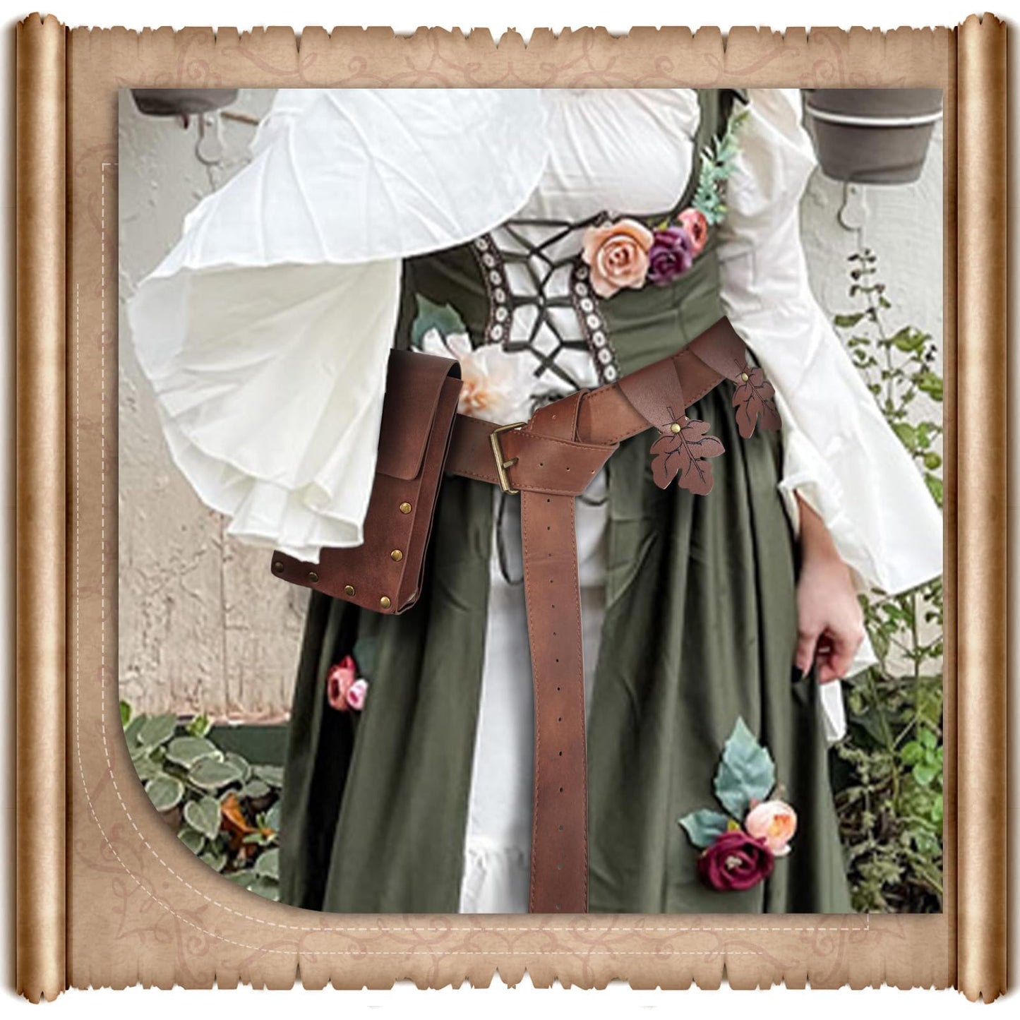 FunMular Renaissance Accessories Costume Women Belt Pouch Medieval Viking Potion Bottles Waist Bag Leather Belt Leaf Skirt Hikes (Brown Set)