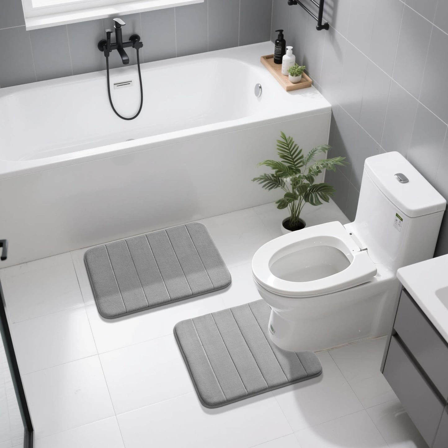 Yimobra U-Shaped Toilet Bath Mat Set 2 Piece - Super Soft Absorbent Quick Dry Memory Foam Bathroom Rugs, Machine Washable Non Slip Floor Carpet for Tub Shower & Single Sink (17x24 & 24x20, Gray)