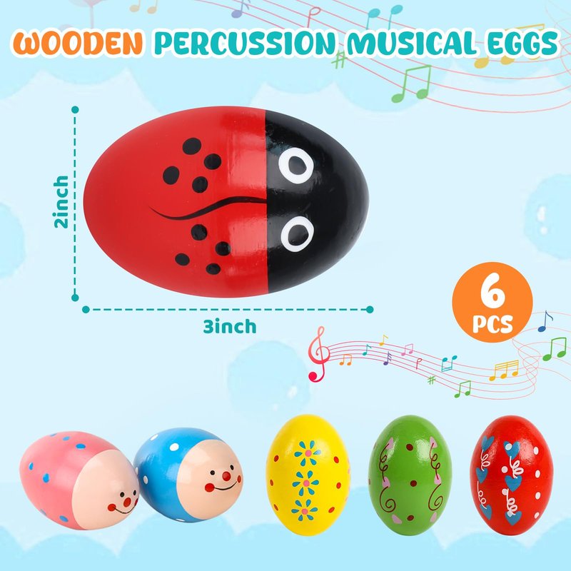 SallyFashion 6PCS Egg Shakers Musical Instruments for Babies, Wooden Maracas for Kids Hand Percussion Musical Eggs Easter Basket Stuffers Party Favors
