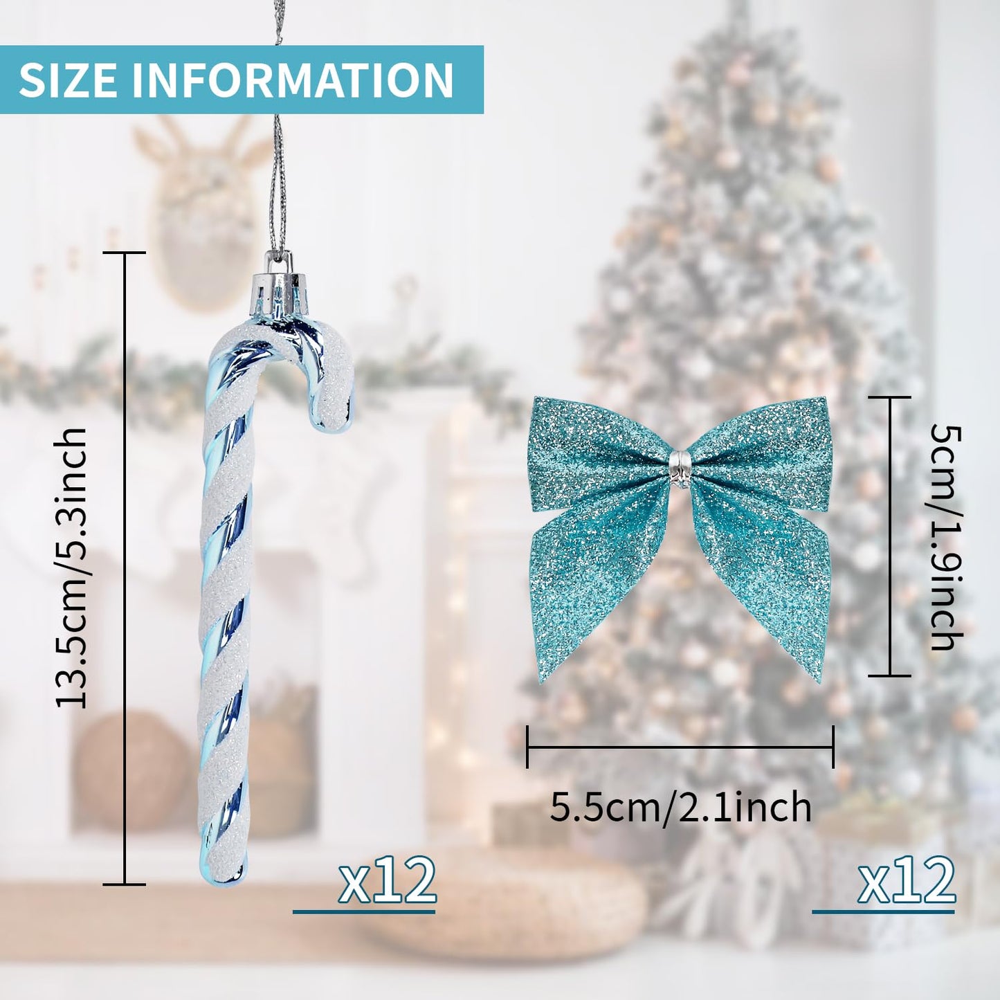 12 Pcs Candy Cane Christmas Decorations,5.5inch Glitter Candy Cane Bows for Xmas Tree Hanging Ornament Holiday Festival Party Home Decoration (Ice Blue)