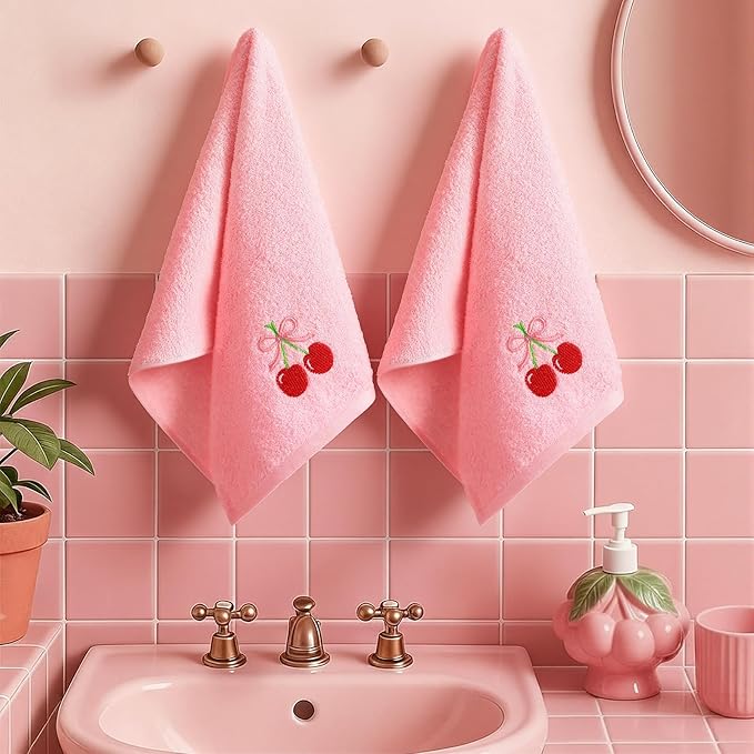2 Pcs Cherry Hand Towels Light Pink Bathroom Decor 14x29 Inch Embroidered 100%