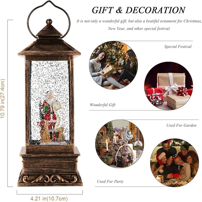 Christmas Musical Snow Globe Lantern with Timer, Lighted USB/Battery Operated Swirling Singing Water Glittering Lantern, Snow Globes for Adults and Children Christmas Decoration