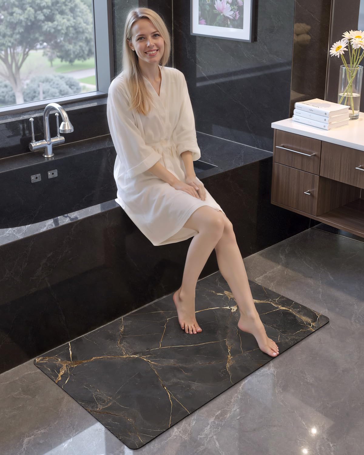 Color&Geometry Ultra Thin Bathroom Rugs Non Slip,Absorbent Quick Dry Bath Mats for Bathroom,Thin Bath Rugs Washable with Rubber Backing Fit Under Door Outside Shower,Gold-Veined Marble,17"x30"