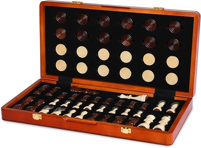 15'' 2 in 1 Wooden Magnetic chess and checkers set (2 Extra Queens Foldable Chess set & Cotton Storage Bag) Magnetic Chess Sets for Adults with Color Gift Box Handmade Checkers Board Game