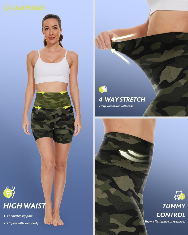 CAMPSNAIL Biker Shorts Women with Pockets - 3"/5"/8" High Waisted Workout Spandex Tummy Control Gym Running Yoga Shorts Green Camo
