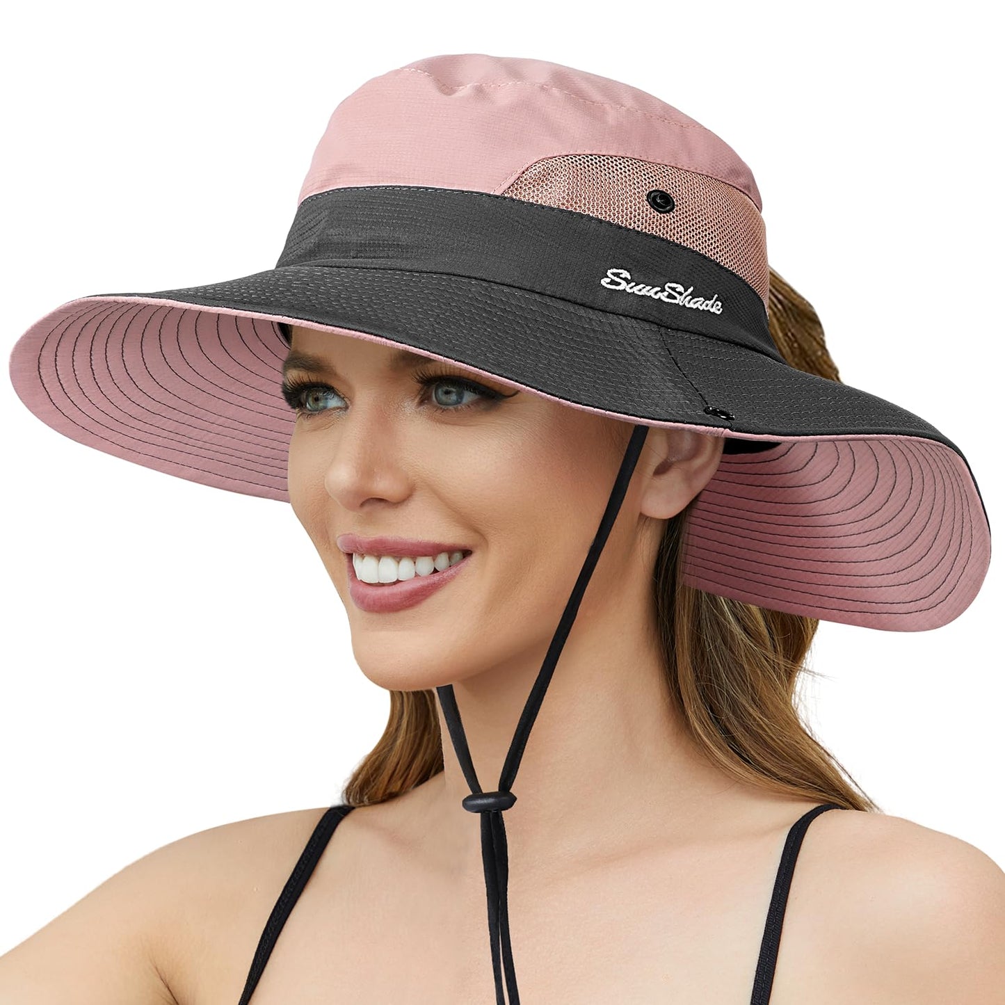 Sun Hats for Women, Wide Brim Beach Bucket Hats with Ponytail Hole, Outdoor UV Protection Foldable Fishing Hat Cooling Mesh Hiking Bucket Hat, Pink