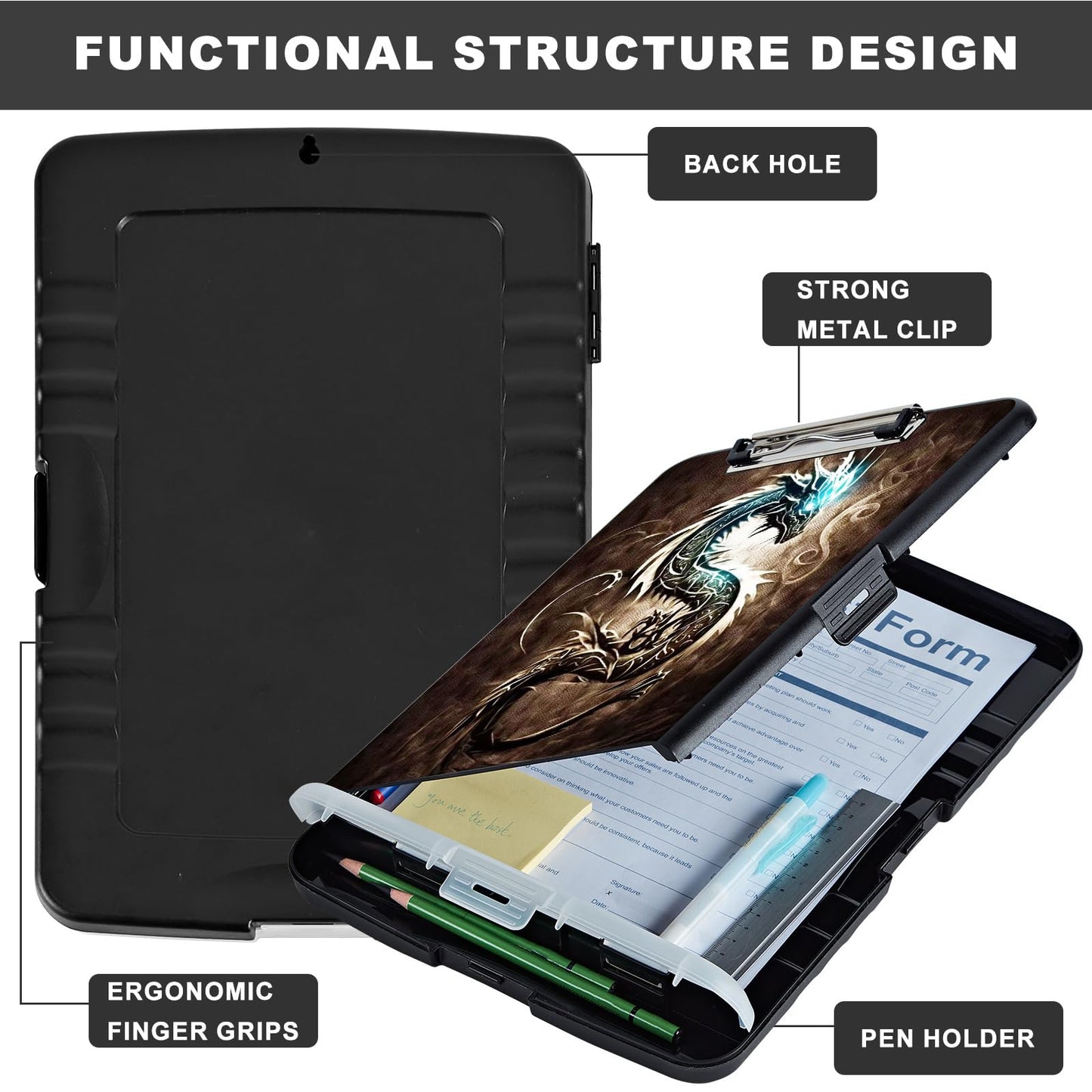 Clipboard with Storage,Heavy Duty Plastic Storage Clipboard with Low Profile Clip,Teacher Must Haves,Office Supplies,Dragon