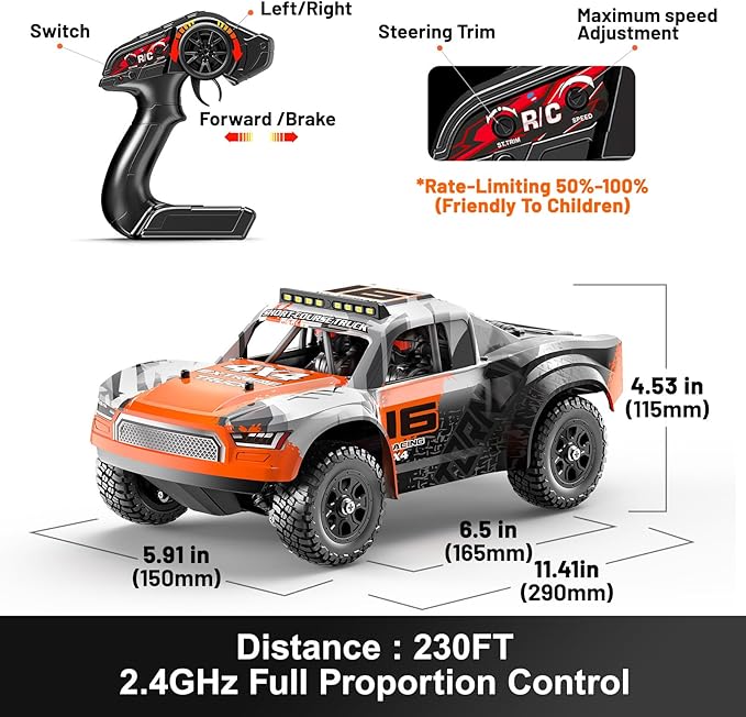1:16 Beginner RC Cars4WD Drift All Terrain Remote Control Car Short Course RC Truck Up to 36 km/h2.4GHz RTR 2×7.4V 1300mAh Batteries 2 Tire Sets Metal Drivetrainfor Adults and boys age 8-12