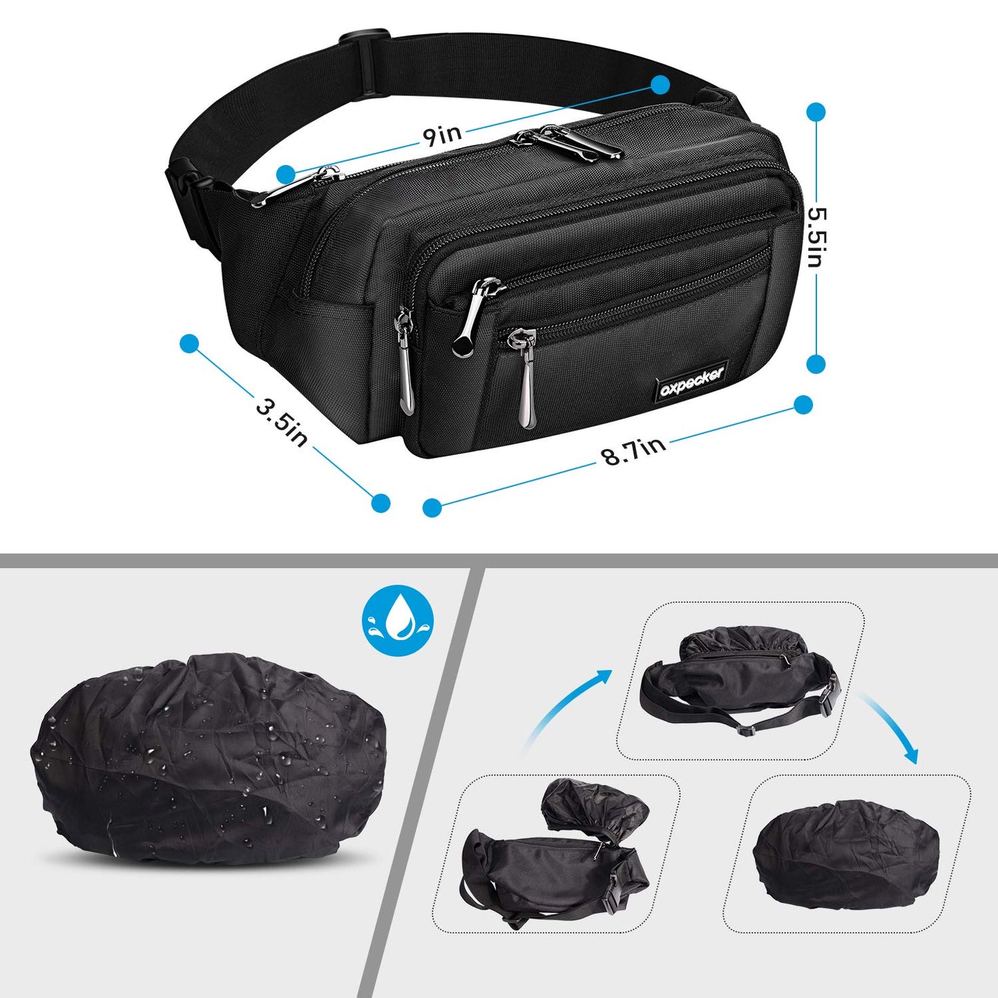 Oxpecker Waist Pack Bag with Rain Cover, Waterproof Fanny Pack for Men&Women, Workout Traveling Casual Running Hiking Cycling, Hip Bum Bag (black)