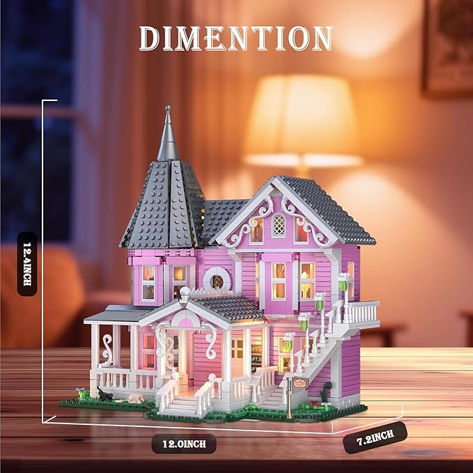 Pink Palace Apartment Building Set with Lights 1349PCS Halloween Haunted House Blocks Compatible with Lego Christmas Birthday Gifts for Kids & Collectors Aged 8+