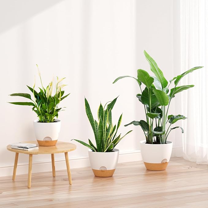 ZMTECH 8/9/10 Inch Self Watering Plant Pots with Watering Lip, Planters with Drainage Holes and Removable Saucer, Plastic Flower Pots for Indoor Outdoor Plants (3 Pack,White)