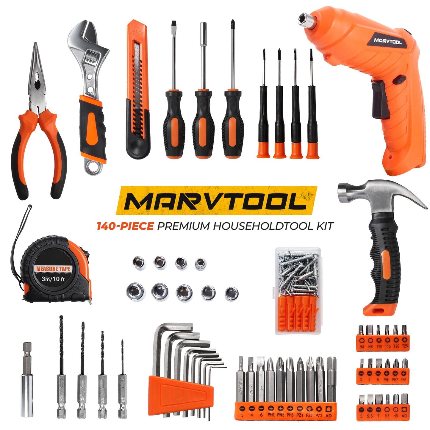 MarvTool 140 Piece Basic Tool Set, Portable Tool Box with Cordless Drill, Home Repair Hand Tool Kit, General Household Drill Set, Toolbox with Storage Case for Homeowner, DIY, Handyman, Women, Men