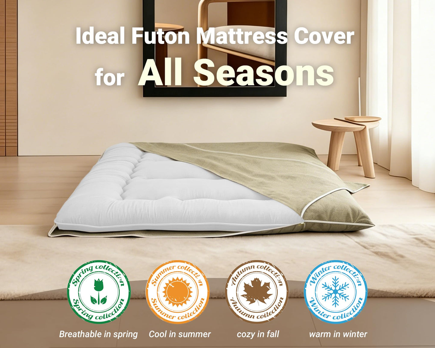Gryvmnos 100% Cotton Futon Mattress Cover, Washable Japanese Floor Bed Protector with Zipper, Dust‑Proof Replacement Slipcover for Tatami Mat, Fits Up to 4-Inch Thick Mattresses, Full/Queen