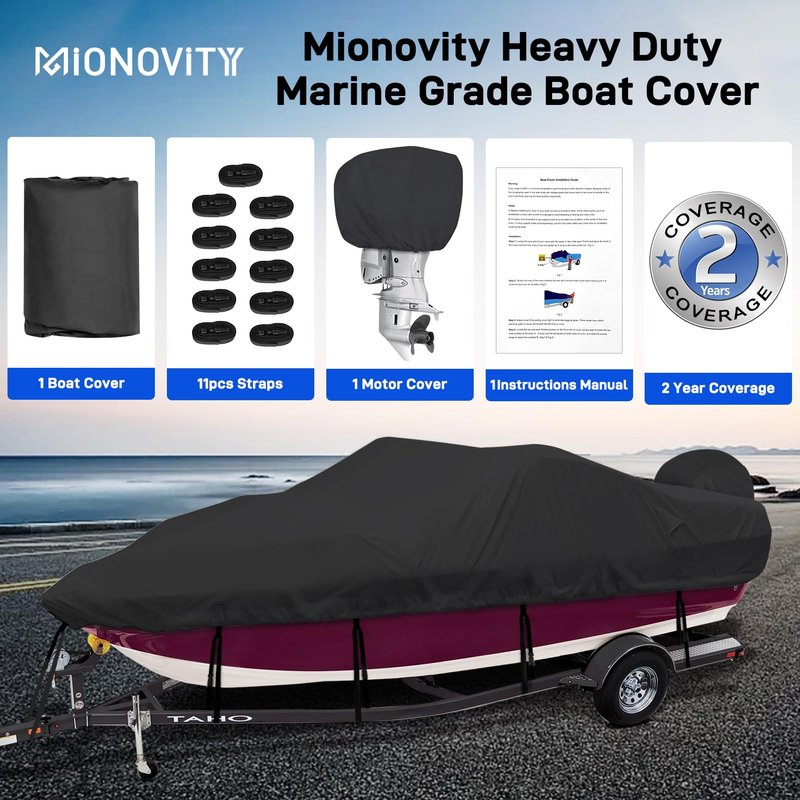 Mionovity Bass Boat Covers 17-19ft, 600D Heavy Duty Waterproof Boat Cover 17 18 19 Foot (17'-19' with Motor Cover), Fits V-Hull, Fishing, Runabout Bowrider Boat