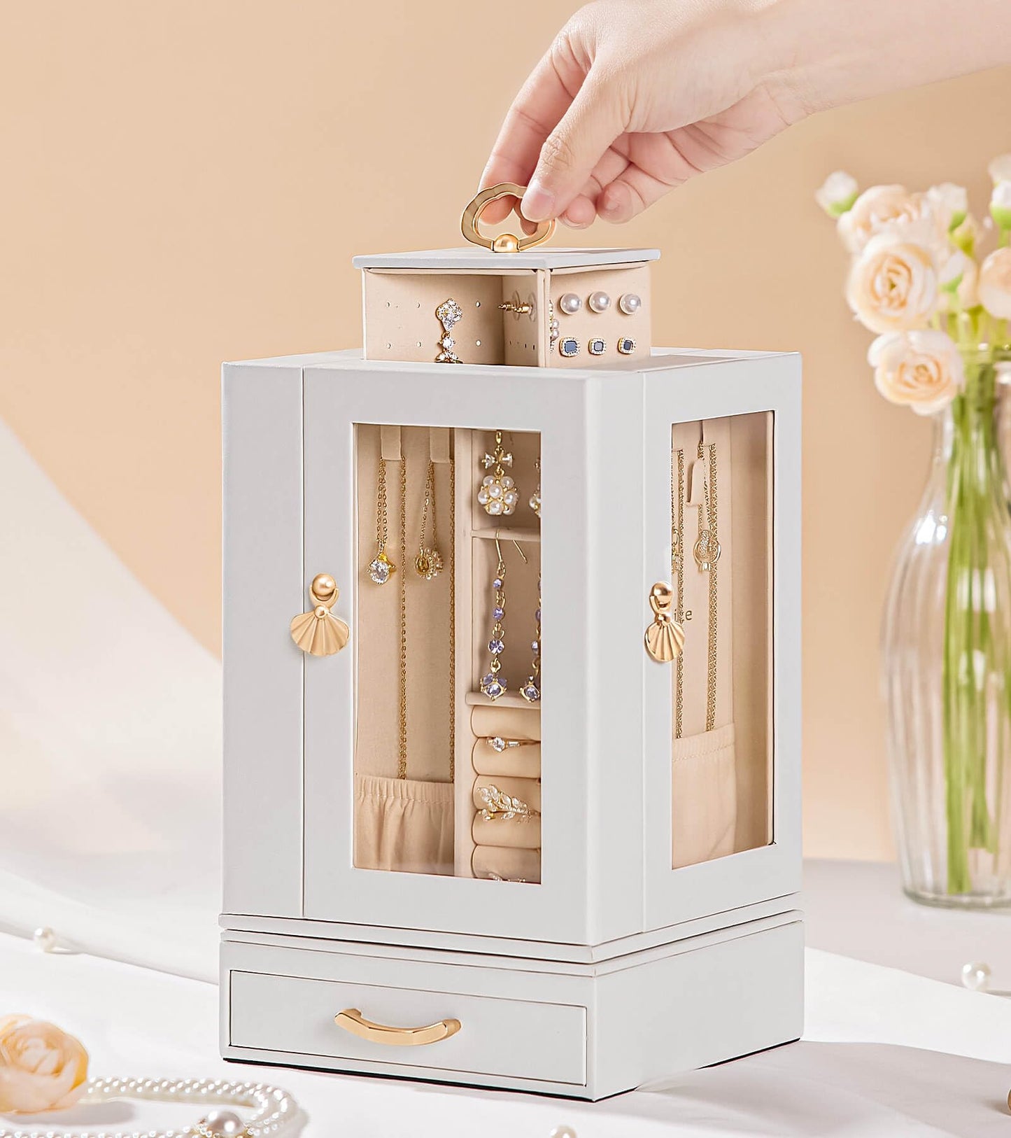 Enthralite Jewelry Box Large for Dresser: Women Necklace Ring Storage Organizer with Compartments - Elegant Earring Holder Display - 360° Rotating Jewelry Organizer with Glass Door