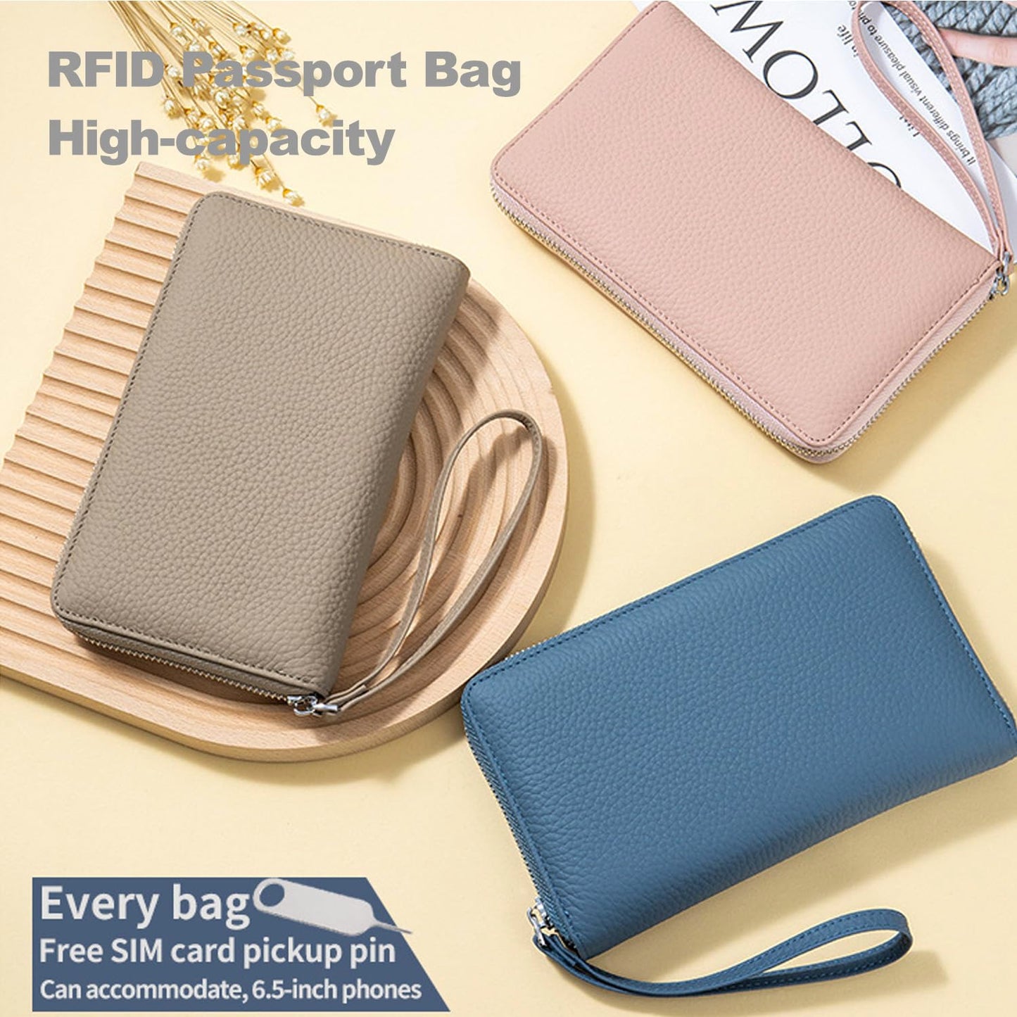 Leather Travel Wallet, RFID passport wallet for travel, with Zippered Pocket and Cash Slot, for Secure Traveling and Documentation Organizer (Eephant Grey)